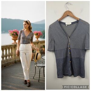 Escada Vintage Blue and White Striped V neck Knit short sleeve button up Top